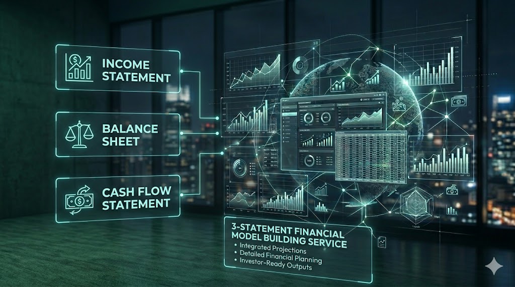 3-statement financial model dashboard with income statement, balance sheet, and cash flow projections