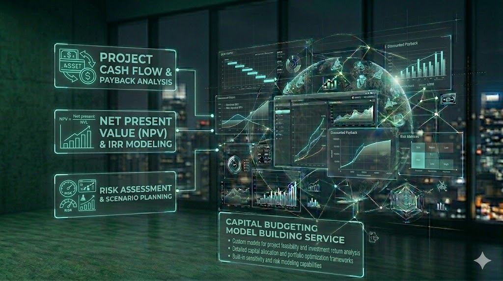 Capital budgeting model with NPV, IRR, and project investment evaluation metrics