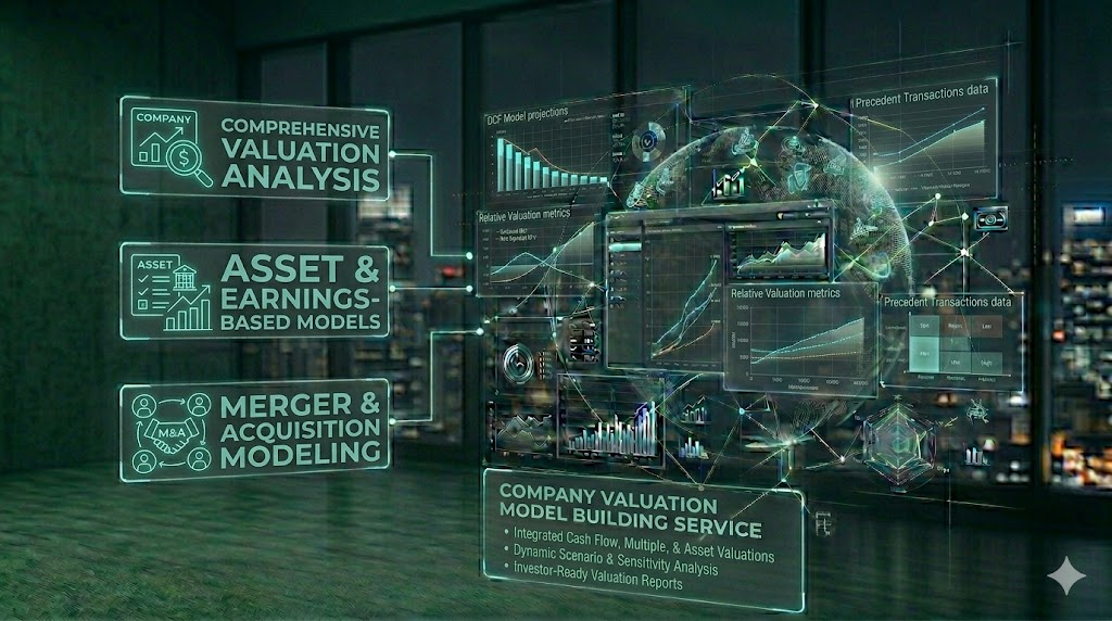 Company valuation model showing business valuation methods and financial analysis dashboard