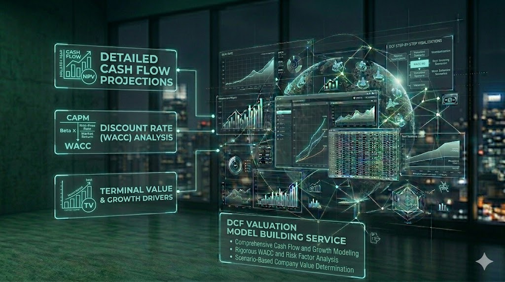 Discounted cash flow valuation model with WACC, terminal value, and free cash flow analysis