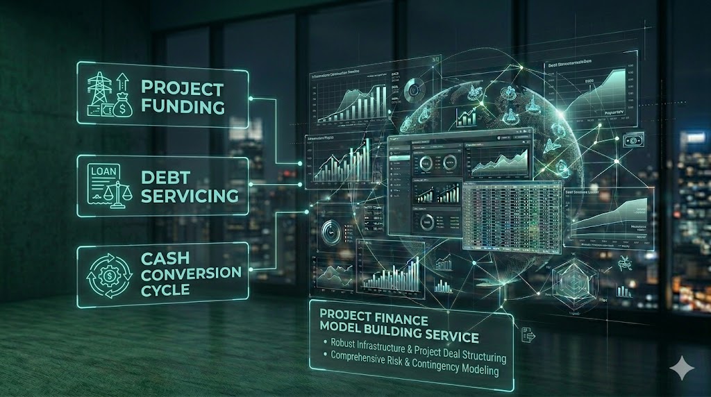Project finance model with IRR, NPV, debt schedule, and project cash flow analysis